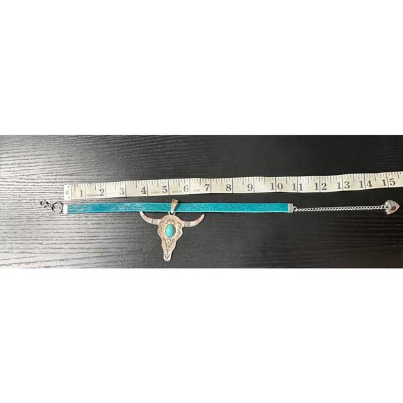 Handmade Western/Cowgirl Style Tooled Leather Choker with Cow Skull Pendant - Picture 6 of 6